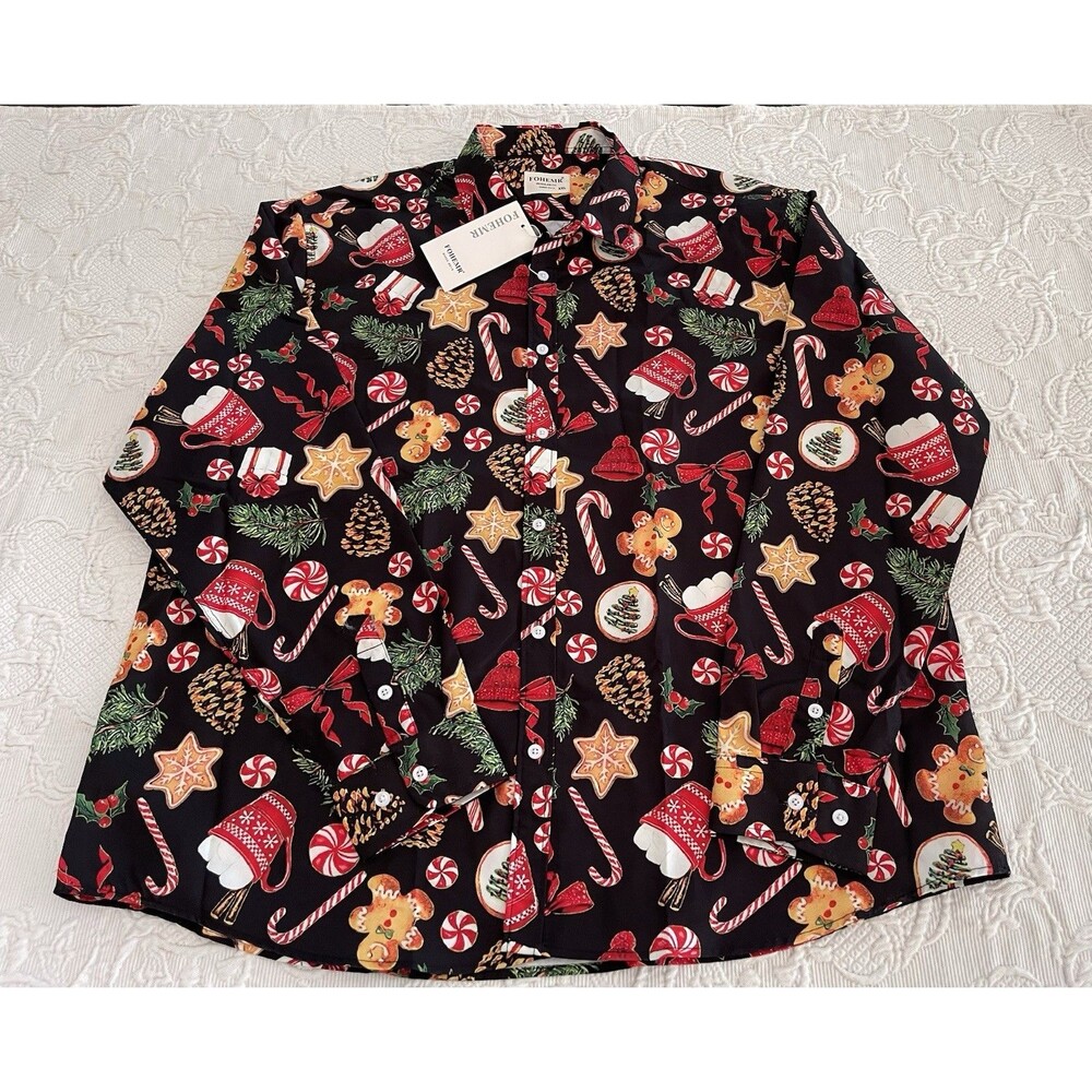 FOHEMR Christmas AOP Button-Up LS Shirt Mens XXL Regular Fit NWT